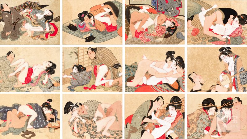 An album of twelve Japanese erotic paintings, Edo period, late 19th century | 江戶時期 十九世紀晚期 風俗畫一冊十二幅